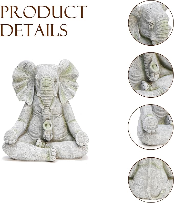 LuxenHome Elephant Garden Statue,16.34'' Gray MgO Meditating Elephant Statue Unique Lucky Elephant Decor Zen Sculptures for Garden Patio Home & Office Decor Housewarming Gift