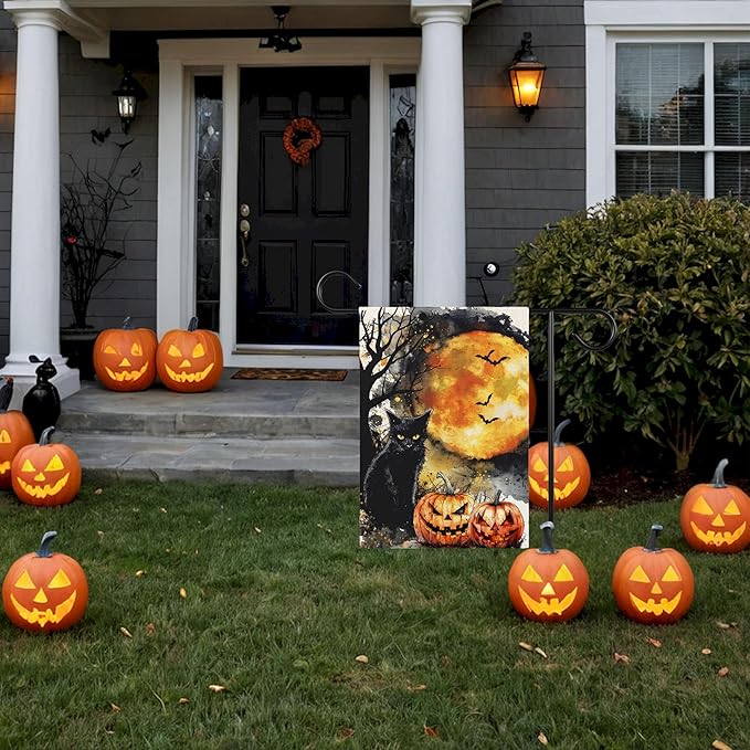 Black Cat Halloween Garden Flag for Outside, 12x18 Inch Double Sided Halloween Black Cat Pumpkin Bats Yard Flag, Farmhouse Small Yard Flags for Outdoor Decorations, Holiday Decor Gifts-A15