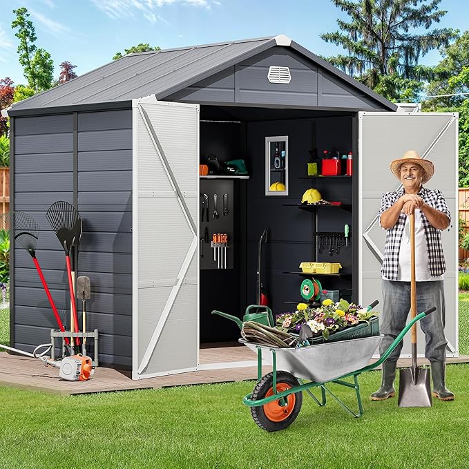 YITAHOME 8x6.2FT Outdoor Storage Shed w/o Floor, All-Weather Plastic Shed with Lockable Doors, Window & Vents, Plastic Tool Shed for Backyard, Patio, Poolside, Lawn, Gray