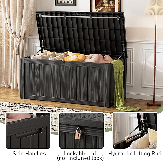 120 Gallon Deck Box,Waterproof Resin Outdoor Storage Box Lockable for Patio Furniture Cushions, Garden Tools, Heavy-Duty Double-Wall Structure with Gas Lift and Reinforced Seat Lid, Black