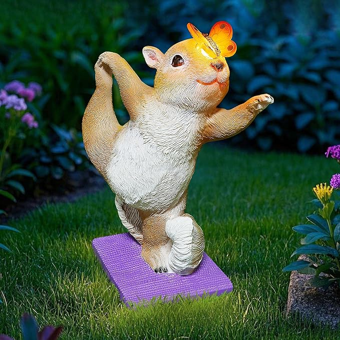 Solar Light Garden Statue Squirrel Figurine, Resin Squirrel Doing Yoga with Lighted Butterfly, Waterproof Spring Outdoor Ornaments for Garden, Front Door, Patio Decor & Gifts for Mother's Day