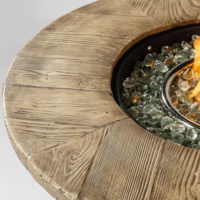 30'' Concrete Round Gas Fire Pit, 50,000 BTU Steel Outdoor Fire Tables, Fire Table with Lid, Add Warmth & Ambience to Gatherings and Parties On Patio Deck Garden Backyard.