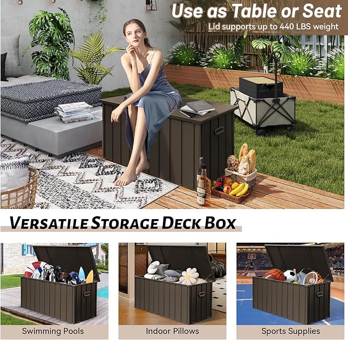 200 Gallon Deck Box, Outdoor Metal Storage Box Waterproof, Large Patio Furniture Storage Cabinet, Lockable Storage Chest for Porch, Pillows, Cushions, Pool, Tools, Backyard -Brown