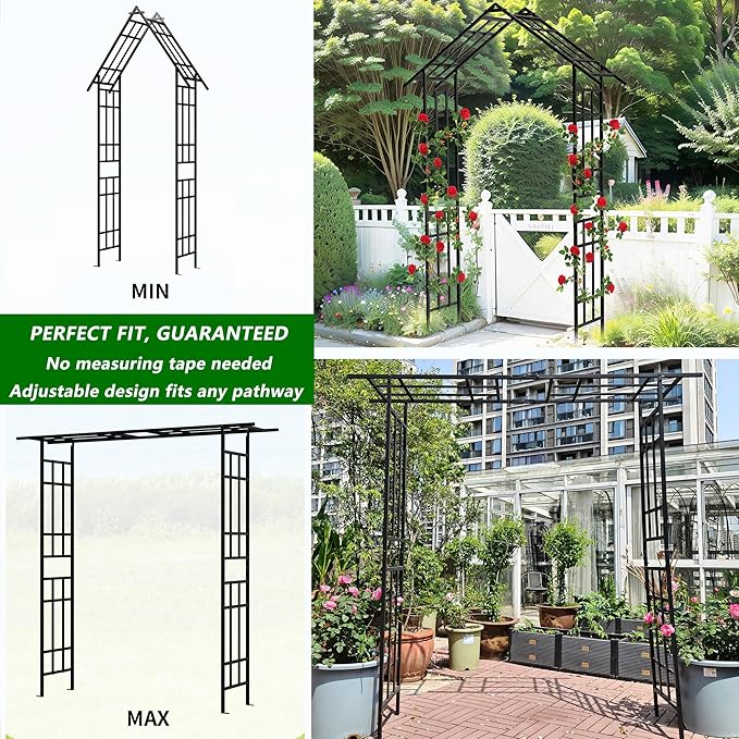 Metal Garden Arch Arbor Trellis Climbing Plants Outdoor Black Flat Top or Arch, Adjustable Width W42.52''~W78.15'', for Lawn Wedding Party Archway