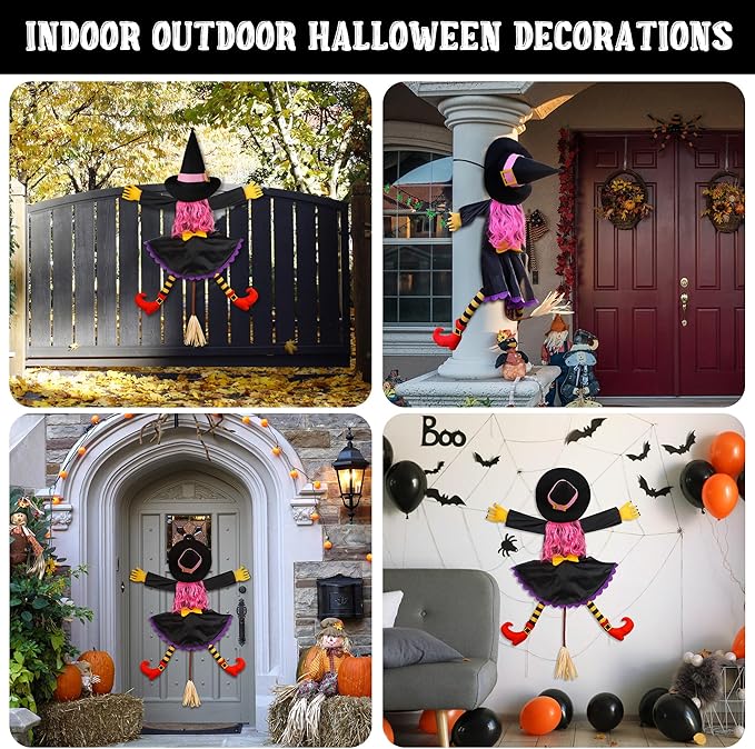 POPGIFTU 51" Halloween Crashing Witch Decoration – Pink Flying Witch for Tree, Yard, Porch, and Indoor Outdoor Halloween Décor