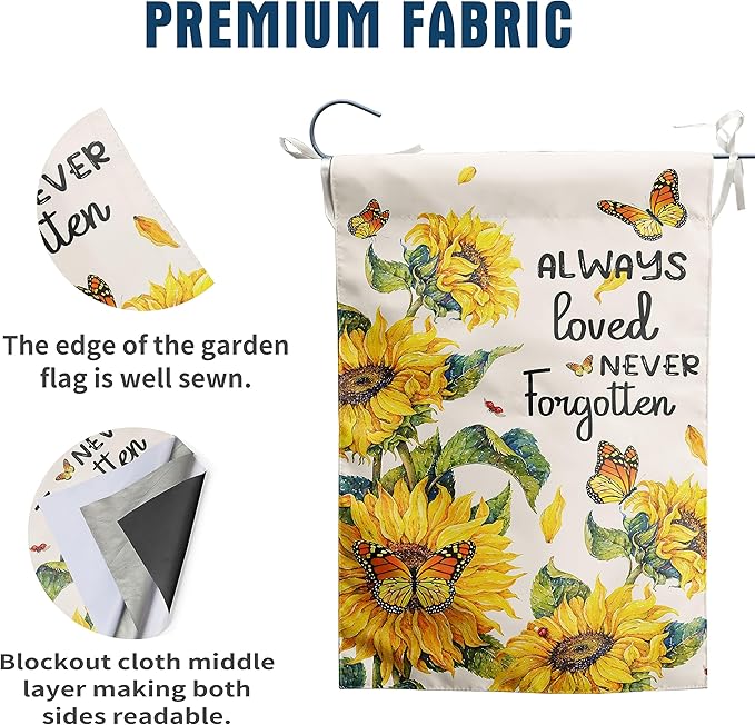 Always Loved Never Forgotten Memorial Garden Flag 12x18 Inch Double Sided Outside Sunflower Yard flag Butterfly Grave Flags for Cemetery Decorations