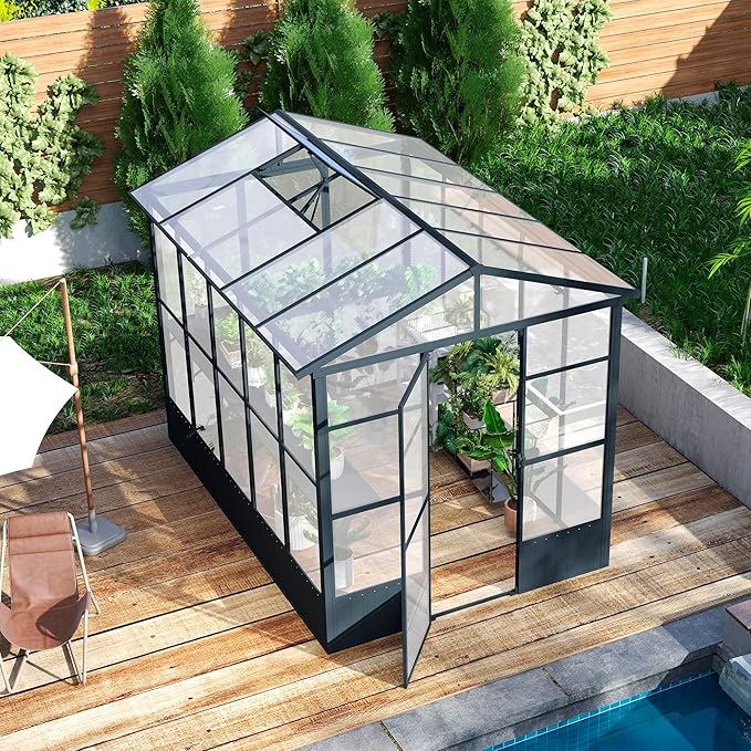 Domi 8x10FT Polycarbonate Greenhouse with Automatic Vent, Extra Tall 8FT Walk-in Aluminum Frame, Weather-Resistant Green House with Shelves & Hooks for Outdoor Garden, Backyard, Dark Grey