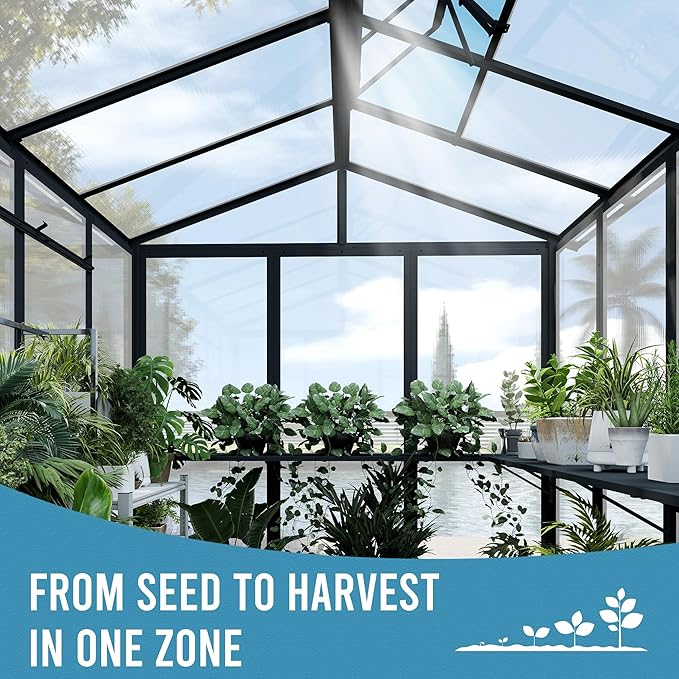 Domi 8x10FT Polycarbonate Greenhouse with Automatic Vent, Extra Tall 8FT Walk-in Aluminum Frame, Weather-Resistant Green House with Shelves & Hooks for Outdoor Garden, Backyard, Dark Grey