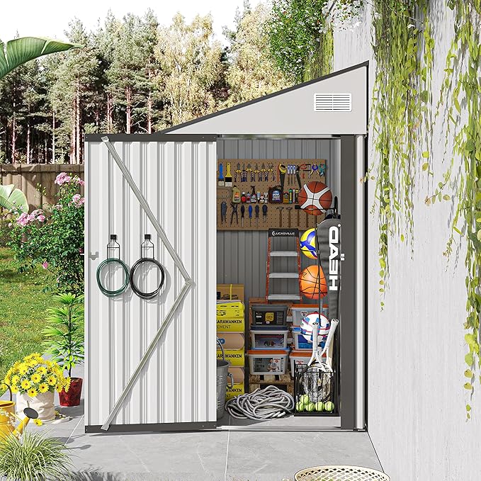 4×8 FT Outdoor Metal Storage Shed,Heavy-Duty Lean to Storage Shed with Lockable Single Side Hinge Door,Waterproof Metal Storage Tool House W/Sloping Roof,Air Vent&Protect Film,for Backyard,White