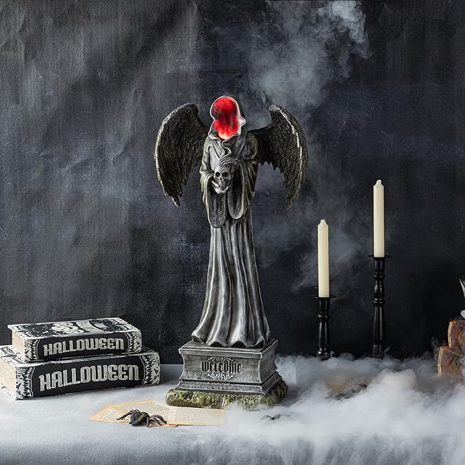 Glitzhome Halloween Porch Decorations, Lighted Halloween Front Porch Standing Sign Decor with Timer, Resin Grim Reaper Sign for Indoor Patio Party, 24" H