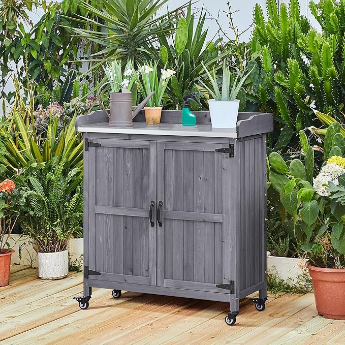 Yaheetech Garden Potting Bench Table, Outdoor Garden Horticultural Wooden Storage Cabinet & Solid Wood Planting Work Bench with Large Space Storage & Metal-Plated Tabletop, Gray