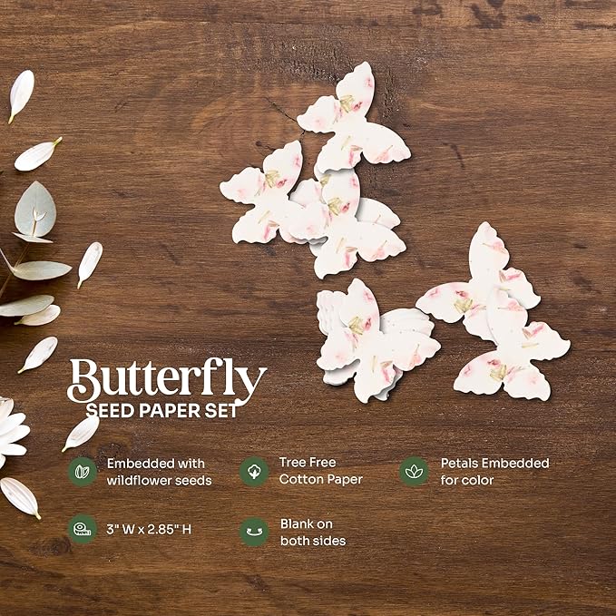 Set of 24 Pink Butterfly – Plantable Seed Paper Embedded with Wildflower Seeds for Bridal Shower, Wedding Gift, Birthday, & Other Milestone Celebrations
