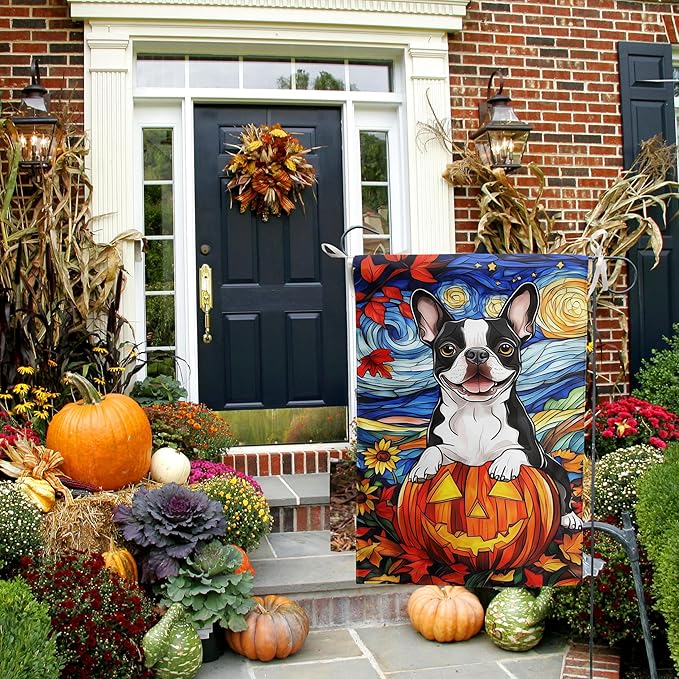 Stained Glass Boston Terrier Fall Garden Flag Halloween Pumpkin Yard Signs Autumn Sunflower Thanksgiving Banner for Outside 12x18 Double Sided Small Dog Outdoor Decorative