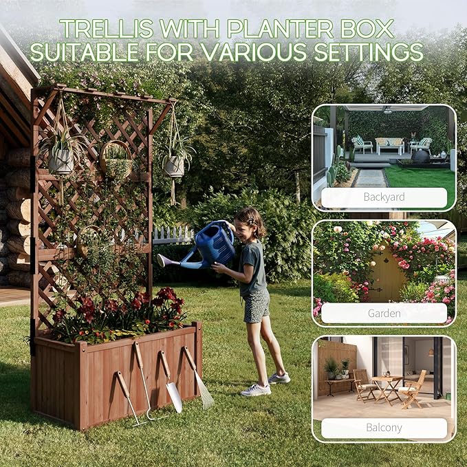 SPECRAFT 2 Pack Wood Planter with Trellis, 35.4x17.7x72 Inch Raised Garden Bed, 1.6Ft Deep Large Planter Box for Outdoor Gardening, Vegetables, and Climbing Plants