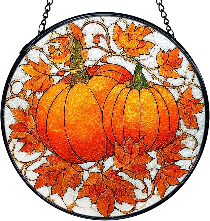TNUW Fall Autumn Pumpkin Stained Glass Window Hanging, Farmhouse Autumn Pumpkin Maple Leaf Sun Catchers Indoor Window Glass Round Wall Art Decor, Rustic Fall Wall Hanging Decorations, 7.9＂x7.9＂