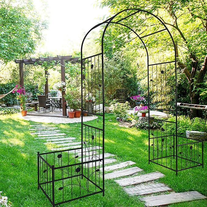 Metal Garden Arch with 2 Plant Stands, Garden Arch Trellis for Climbing Plants Outdoor, Garden Arbor for Weddings Party Events Decoration, 79.5" L X 19.7" W X 86.6" H, Black