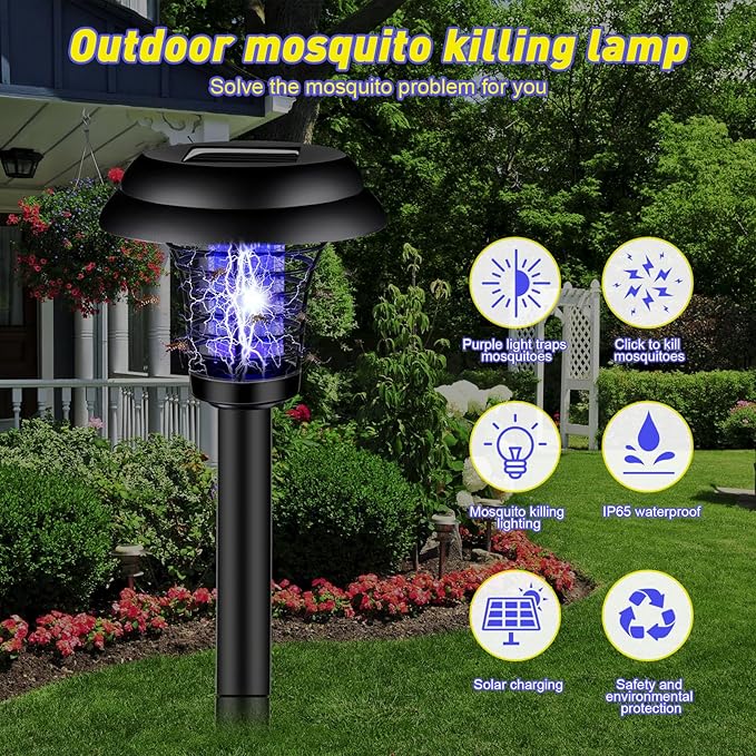Qualirey 4 Pcs Solar Bug Zapper Waterproof Mosquito Zapper Killer and Lighting Repellent Lamp for Indoor Outdoor Use Garden Patio(Plastic,Black Exterior/Purple & Warm Light)