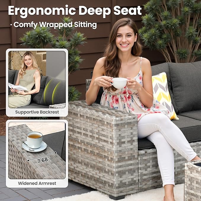 ovios 13 Pieces Patio Furniture Set, Outdoor Wicker Sectional Sofa with 54 Inch Fire Pit Table Comfy Cushions, Modern Modular Deep Seat Rattan Couch Conversation Set, Black