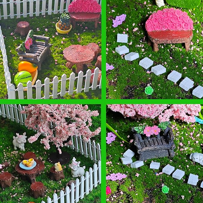 Kai Dream Fairy Garden Accessories, Fairy Garden Kit, 118 Pieces of Miniature Decor: Mushrooms, Bridge, Steps, Moss, Furniture Figurines, Fake Fence, Flowers, and Blue Crystal Gravel