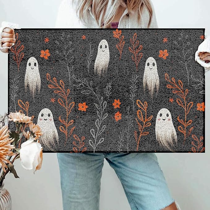 Halloween Ghost Door Mat, Dark Academia Floral Ghost Doormat Non-Slip for Front Door Porch Indoor Outside Entrance Entryway, Spooky Halloween Botanical Welcome Mat, 17x30 Inch