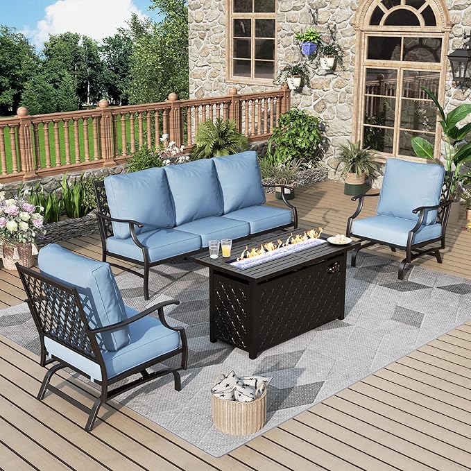 Patio Furniture Set with Firepit Table, 4 Pcs Metal Outdoor Conversation Set, 2 Rocking Chairs and 3 Seater Sofa with 5.75" Extra Thick Cushion and Gas Fire Pit Table for Backyard Deck, Blue