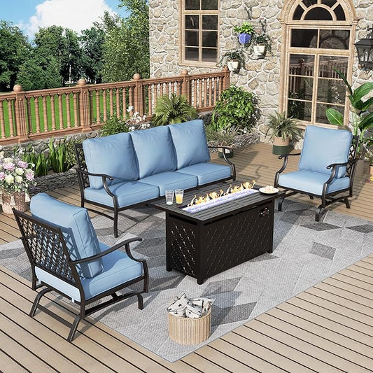 Patio Furniture Set with Firepit Table, 4 Pcs Metal Outdoor Conversation Set, 2 Rocking Chairs and 3 Seater Sofa with 5.75" Extra Thick Cushion and Gas Fire Pit Table for Backyard Deck, Blue