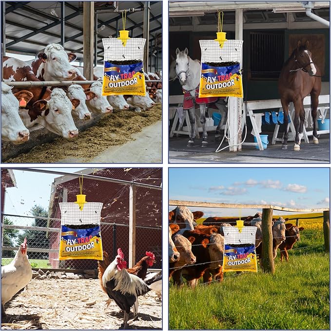 Disposable Fly Traps 4 Pack Big Bags Outdoor, Flies Catcher Traps with Natural Pre-Bait Refill Repellent, Stable Horse Ranch Trapper Outdoor Hanging Fly Killer Helps Control Flies