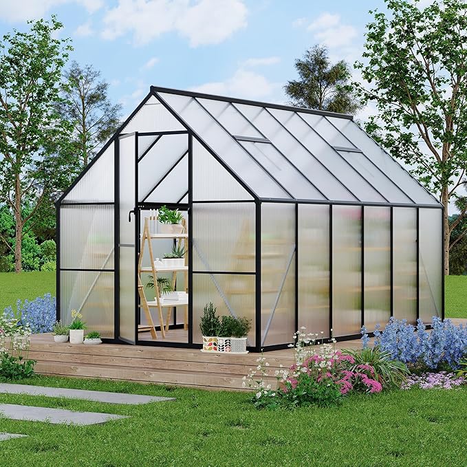 8'x12' Aluminum-Framed Polycarbonate Greenhouse, Heavy Duty Polycarbonate Greenhouse with Quick Setup Structure and Roof Vent, Large Enhanced Aluminum GreenhouseKit for Outdoors