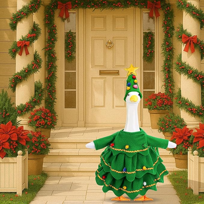 2 Pcs/Set Christmas Tree Porch Goose Outfits, Lawn Goose Statue Xmas Tree Costume, Green Christmas Garden Goose Clothes Dress and Hat for 23" High Statue Xmas Holiday Patio Yard Decor
