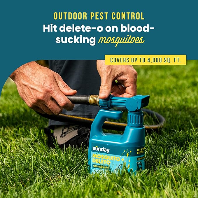 Sunday Mosquito Deleto - Mosquito Repellent & Bug Control Spray - Concentrated Lemongrass & Cedar Oils - for Mosquitoes, Fleas, & Ticks - Lasts up to 4 Weeks - Hose-On Sprayer, 32 Fl Oz