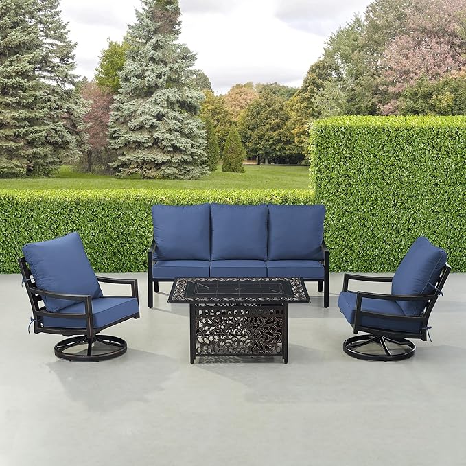 Oakland Living Black Aluminum Patio Fire Table Set with Deep Seating Sofa with Cushions and Two Club Chairs with Blue Cushions