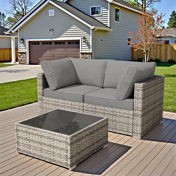 HOOOWOOO Patio Sectional Furniture Set,3 Piece Couch Set with 2 Matching Corner Chairs and 1 Table(Charcoal Gray)