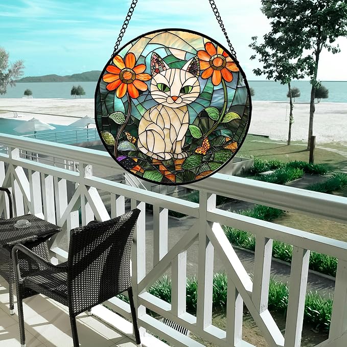 Stained Glass Window Hanging - White Cat Green Plants Orange Flowers Sun Catcher for Door Garden Home Decor Suncatcher Christmas Mother's Day Birthday Gifts for Women Men Mom Nana 7.8 in