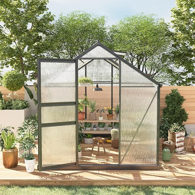 6*8 FT Outdoor Walk-in Greenhouse, Polycarbonate Green House, Heavy Duty Greenhouse with Vented Roof Window, Windproof Aluminum Frame, Suitable for Outside Gardening, Backyard, Patio