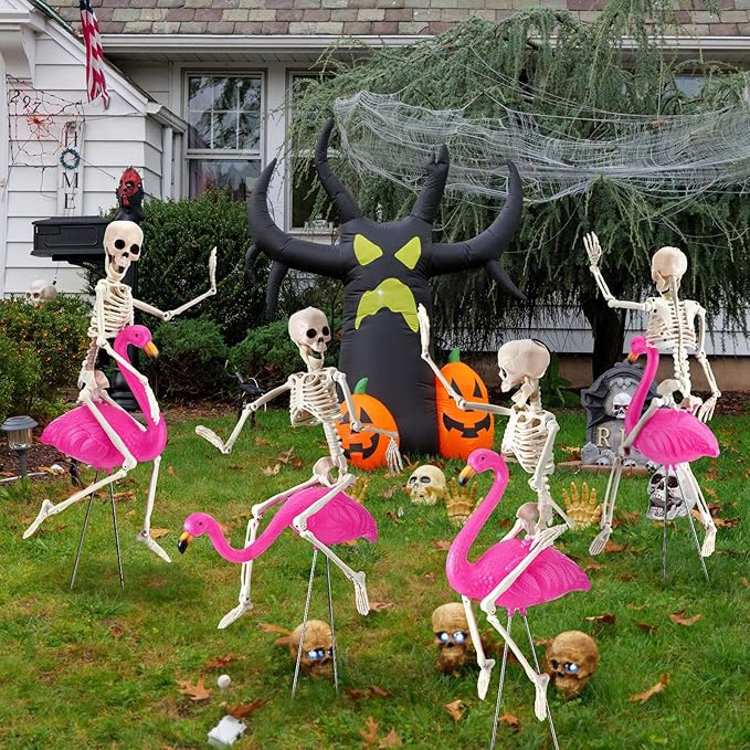 8 Pcs Halloween Skeleton Flamingo Decoration Outdoor Yard Ornament 15.7" Plastic Skeleton Decor with Posable Legs Flamingo Statue Decor for Yard Garden Lawn (Pink,S,Classic)