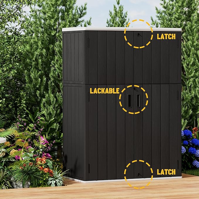 Vertical Outdoor Storage Cabinets, Plastic Sheds&Outdoor Storage with Floor,Outdoor Storage Box Waterproof/Lockable for Garage,Bike,Tools Storage Shed (57Cu.ft-Black White)