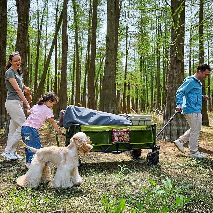 Timber Ridge 51.2'' Extended Collapsible Wagon Cart with Brakes and Cargo Net, Heavy Duty Foldable Utility Wagon with Adjustable Handle, 400L Capacity Portable Cart for Camping Sports Shopping