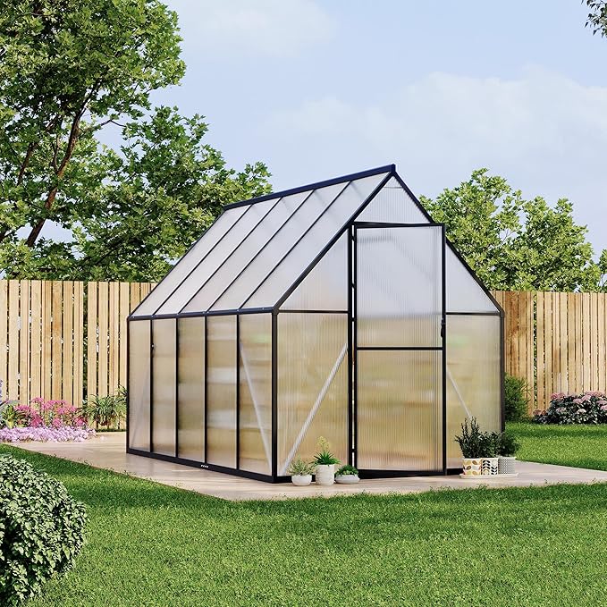 Aluminum Polycarbonate Greenhouse for Outdoors, Large Walk-InGreenhouse With Quick Setup Structure and Roof Vent, Greenhouse With Ventilation