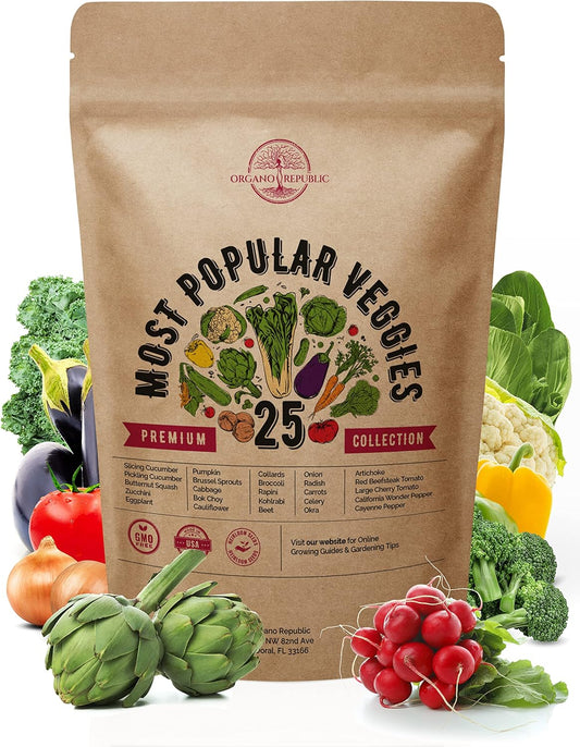 Organo Republic Vegetable Seeds for Planting Vegetables and Fruits - 25 Non-GMO Heirloom Seed Packets for Hydroponic and Outdoor Planting, Semillas de Vegetales para Sembrar