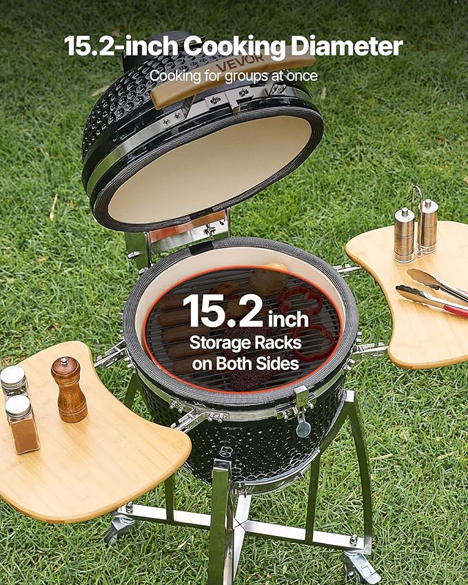 VEVOR Charcoal Smoker and Grill, 18" Kamado Charcoal BBQ Smoker, Movable Ceramic Barbecue Grill with 4 Wheels (2 Lockable), Built-in Thermometer, Air Vents & Side Shelf for Outdoor Patio Yard Cooking