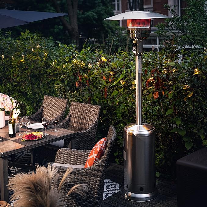 Nuu Garden Outdoor Propane Patio Heater, 46,000 BTU with Stainless Steel Burner and Wheels, Silver for Garden and Terrace