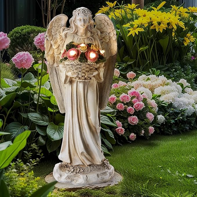 Solar Angel Garden Statue Outdoor Holding Flowers, 11.2in Waterproof Garden Figurines for Patio, Balcony, Lawn, Yard or Outdoor Garden Decoration