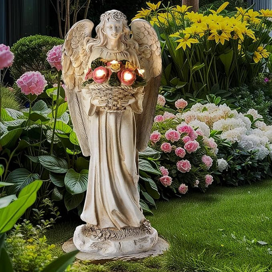 Solar Angel Garden Statue Outdoor Holding Flowers, 11.2in Waterproof Garden Figurines for Patio, Balcony, Lawn, Yard or Outdoor Garden Decoration