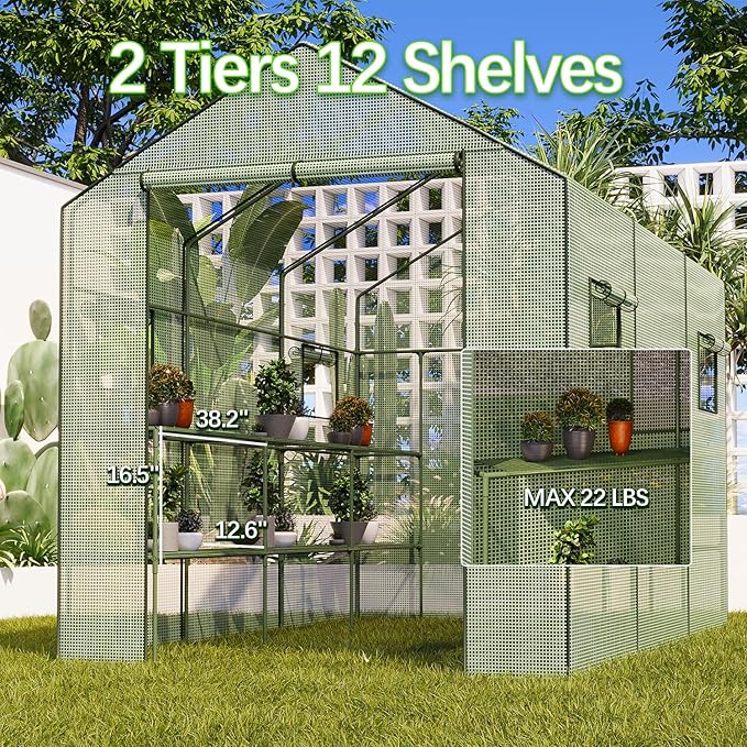 9.75 ft Big Greenhouse, Waterproof Green Houses for Outdoor Garden, Portable Greenhouse for Yard with Roll-Up Zipper, 18 Shelves - Walk-in(9.75x6.9x5.6ft)