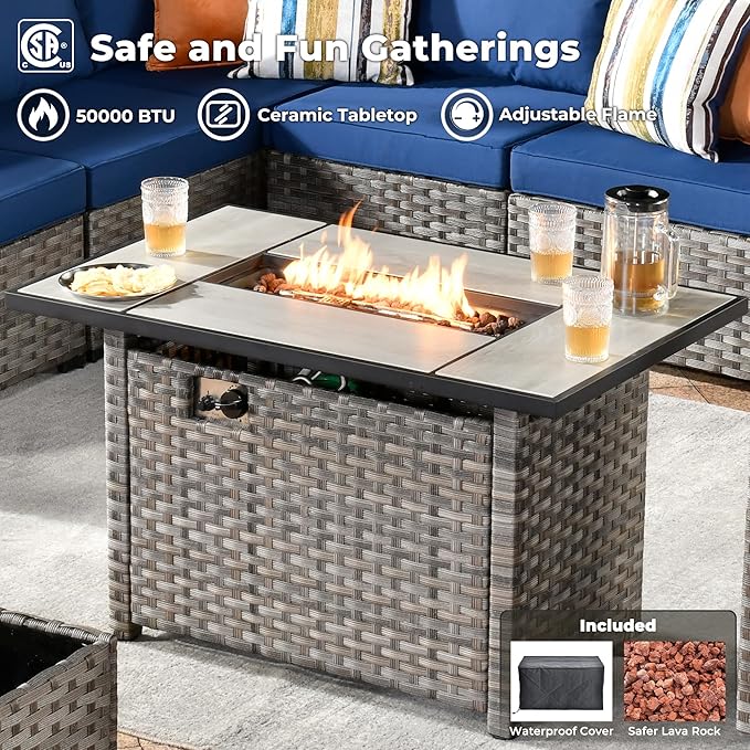 ovios 13 Pieces Patio Furniture Set, Outdoor Wicker Sectional Sofa with 42 Inch Fire Pit Table Comfy Cushions, Modern Modular Deep Seat Rattan Couch Conversation Set, Navy Blue