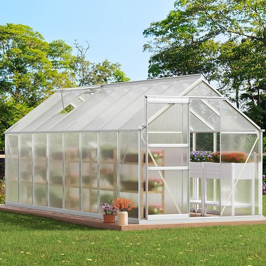 YITAHOME 16x6FT Polycarbonate Greenhouse for Outdoors, Large Heavy Duty Aluminum Greenhouses with Sliding Doors and Vent Window, Walk-in Greenhouse for Garden Backyard, Simple Setup, Silver