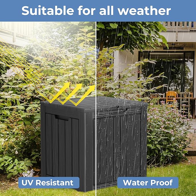 35 Gallon Waterproof Large Resin Deck Box Indoor/Outdoor Lockable Storage Container and Seating for Garden, Pool, and Patio (35 Gallon, Black)
