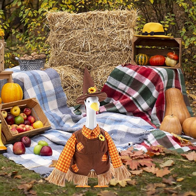 DECOHS 2 Pcs/Set Scarecrow Porch Goose Outfits, Fall Thanksgiving Lawn Goose Statue Scarecrow Costume, Garden Goose Scarecrows Clothes Hat for 23" Statue Autumn Halloween Outdoor Patio Yard Decoration