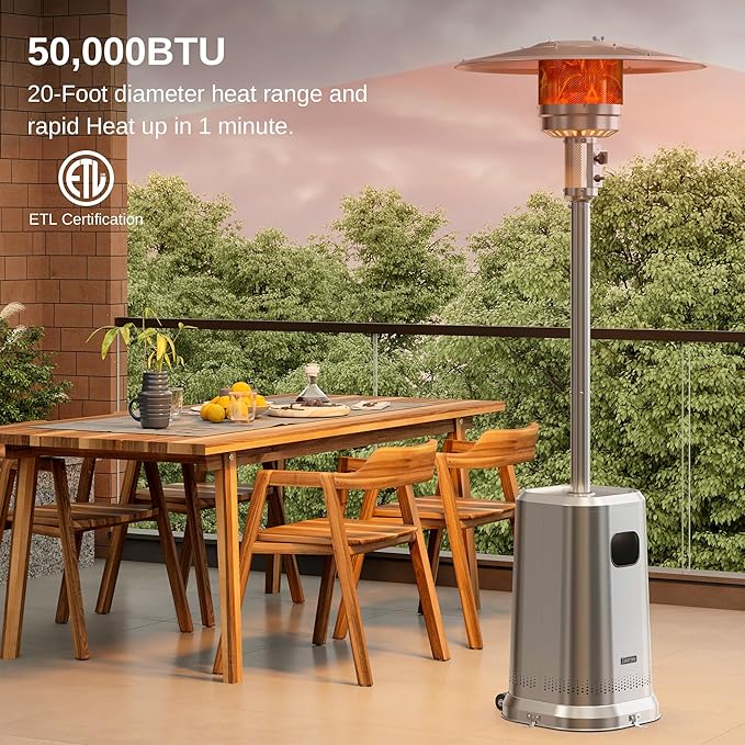 EAST OAK Anti-rust 50,000 BTU Patio Heater for Outdoor Use with Double-Layer Stainless Steel Burner, Square Round Table Design and Wheels, Propane Patio Heater for Home and Commercial, Stainless Steel
