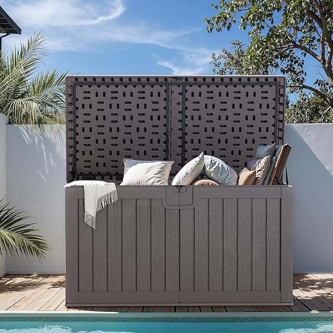 Greesum 230 Gallon HDPE Outdoor Storage Box with Removable Dividers, Weatherproof Oversized Deck Box for Patio, Garage, Garden, Brown